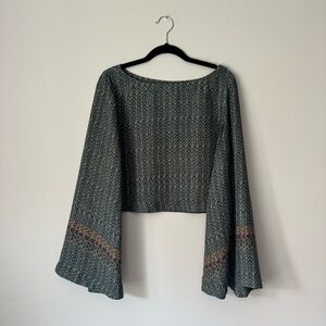 Free People Patterned Green Blouse Crop Top Bell Sleeve Small